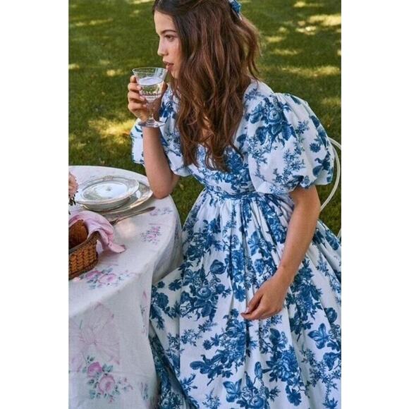 LoveShackFancy DANBURY Blue Floral Maxi Gown Dress Bridal Resort Vacation Sz 2 - Picture 5 of 16